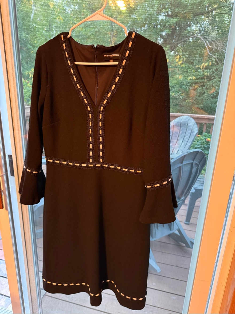 KARL LAGERFELD Black Long-Sleeve V-Neck A-Line Dress with Contrast Trim